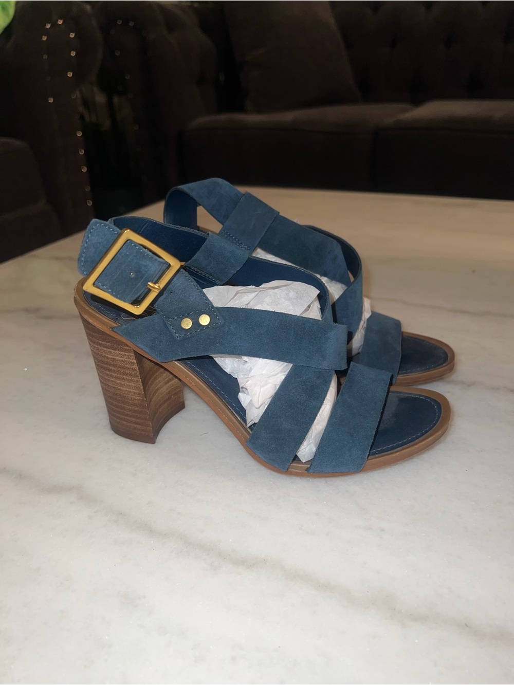 SARTO By Franco Sarto Navy Suede Crisscross Block Heel Sandals
